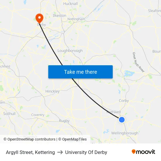 Argyll Street, Kettering to University Of Derby map