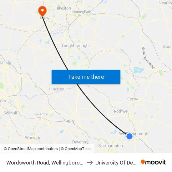 Wordsworth Road, Wellingborough to University Of Derby map
