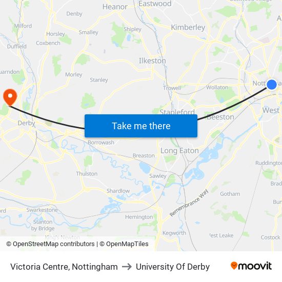 Victoria Centre, Nottingham to University Of Derby map