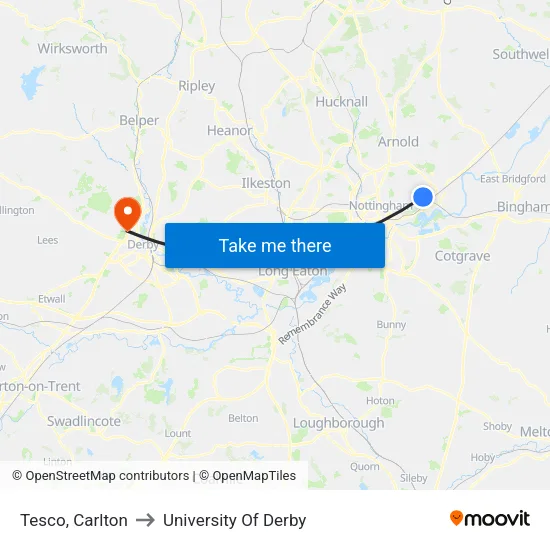 Tesco, Carlton to University Of Derby map