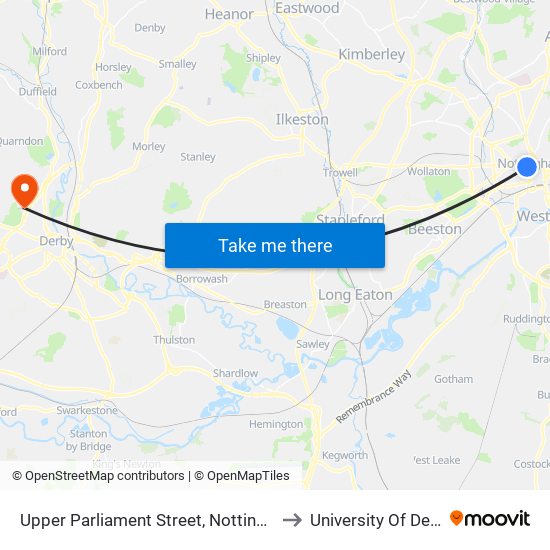 Upper Parliament Street, Nottingham to University Of Derby map