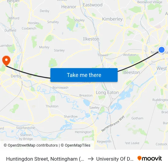 Huntingdon Street, Nottingham (Ma03) to University Of Derby map