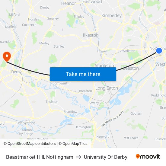 Beastmarket Hill, Nottingham to University Of Derby map