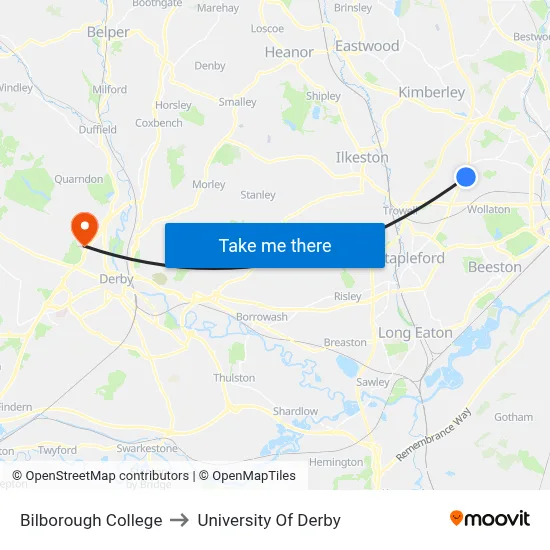 Bilborough College to University Of Derby map