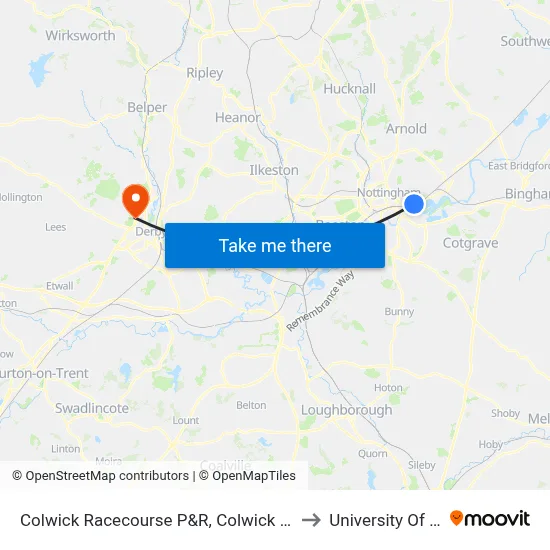 Colwick Racecourse P&R, Colwick Park (Ck27) to University Of Derby map