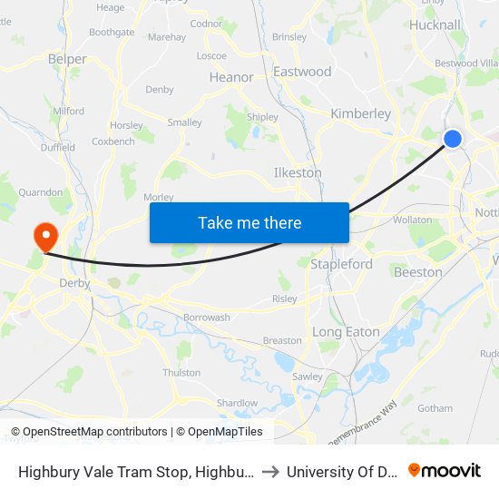 Highbury Vale Tram Stop, Highbury Vale to University Of Derby map