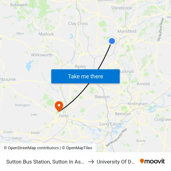 Sutton Bus Station, Sutton In Ashfield to University Of Derby map