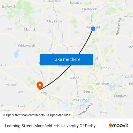 Leeming Street, Mansfield to University Of Derby map