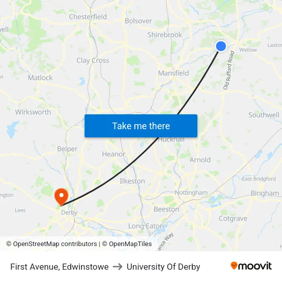 First Avenue, Edwinstowe to University Of Derby map