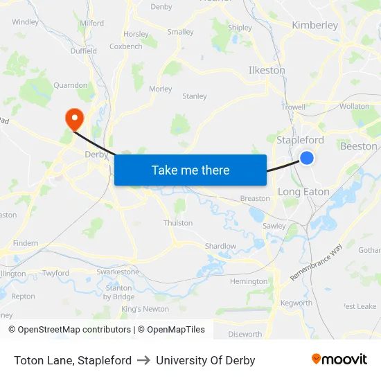 Toton Lane, Stapleford to University Of Derby map