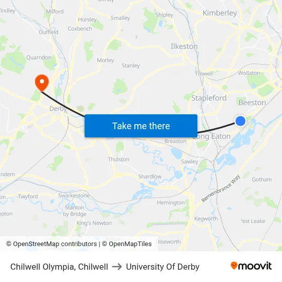 Chilwell Olympia, Chilwell to University Of Derby map