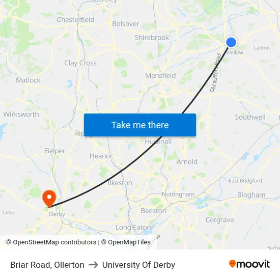 Briar Road, Ollerton to University Of Derby map
