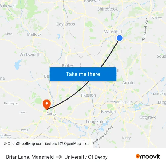 Briar Lane, Mansfield to University Of Derby map