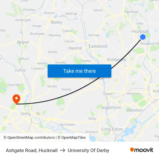 Ashgate Road, Hucknall to University Of Derby map