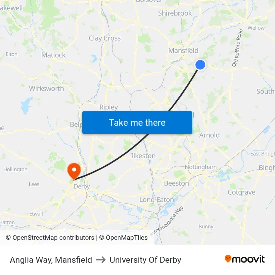 Anglia Way, Mansfield to University Of Derby map