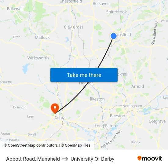 Abbott Road, Mansfield to University Of Derby map