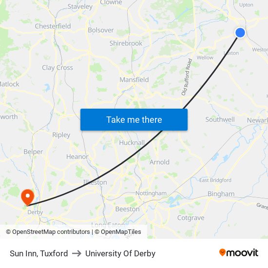 Sun Inn, Tuxford to University Of Derby map