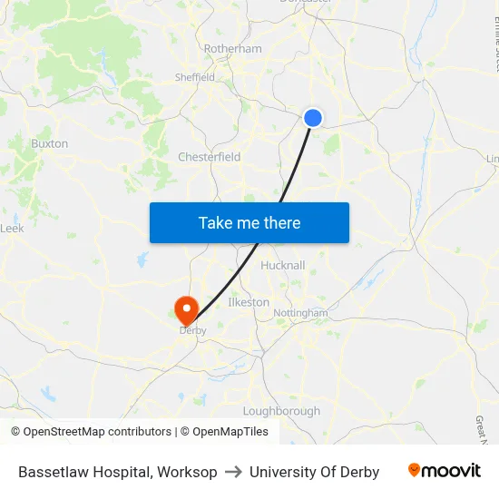 Bassetlaw Hospital, Worksop to University Of Derby map