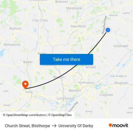 Church Street, Bilsthorpe to University Of Derby map
