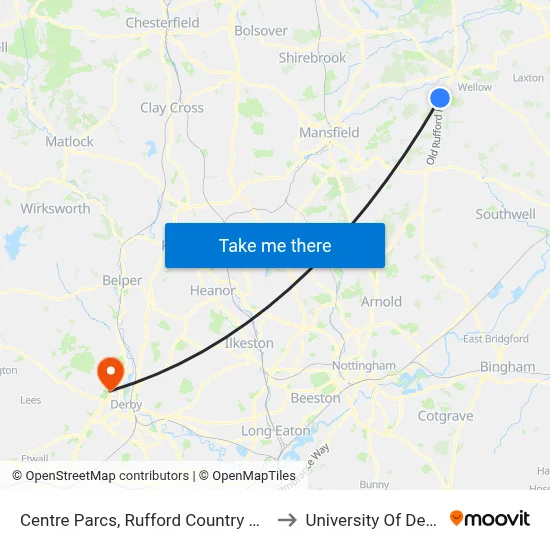 Centre Parcs, Rufford Country Park to University Of Derby map