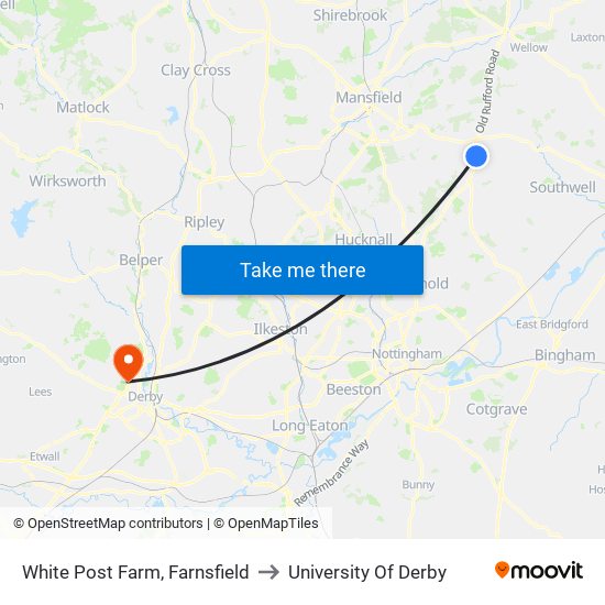 White Post Farm, Farnsfield to University Of Derby map