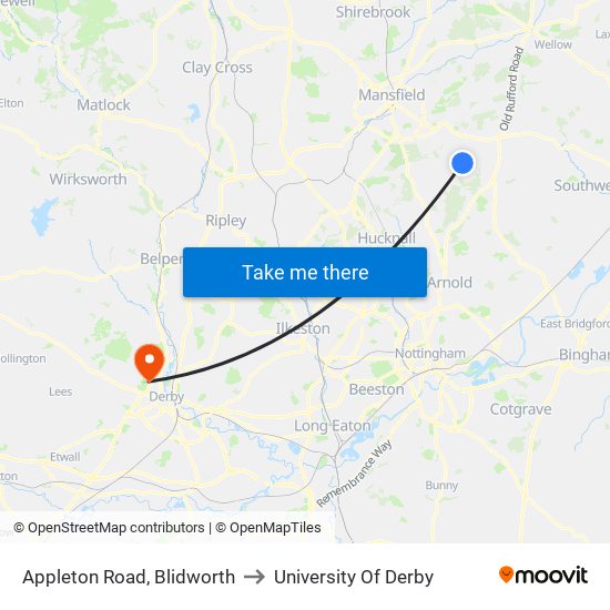 Appleton Road, Blidworth to University Of Derby map