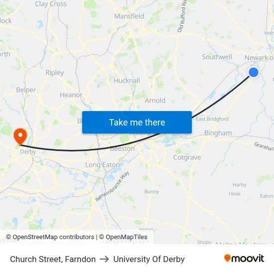 Church Street, Farndon to University Of Derby map