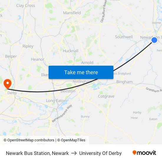 Newark Bus Station, Newark to University Of Derby map