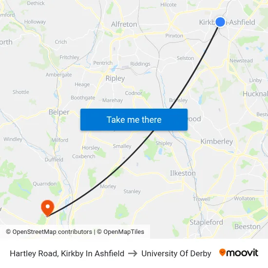 Hartley Road, Kirkby In Ashfield to University Of Derby map