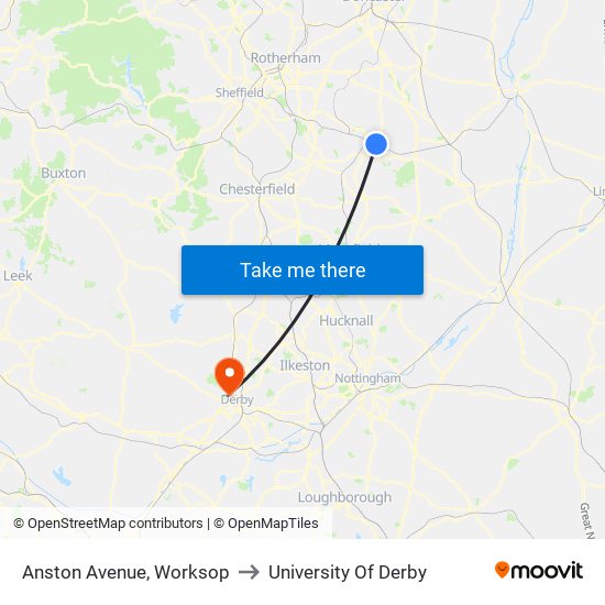 Anston Avenue, Worksop to University Of Derby map