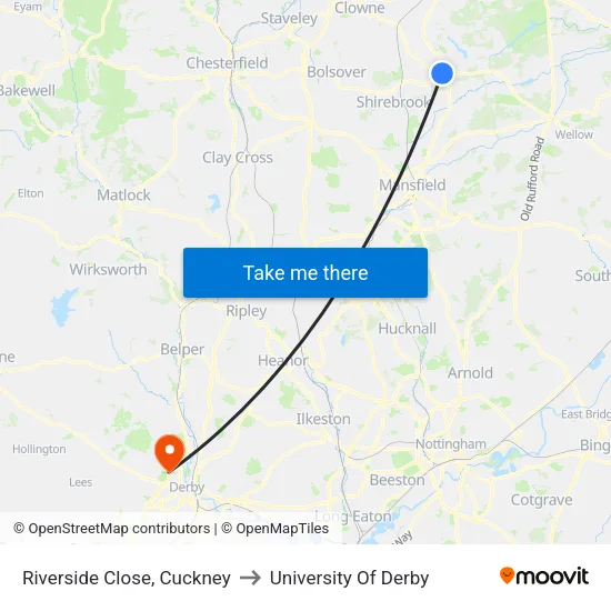 Riverside Close, Cuckney to University Of Derby map