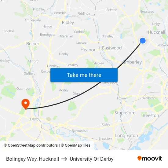 Bolingey Way, Hucknall to University Of Derby map