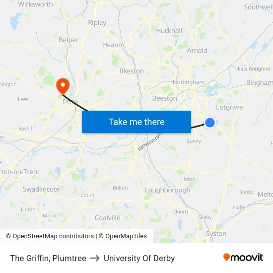 The Griffin, Plumtree to University Of Derby map