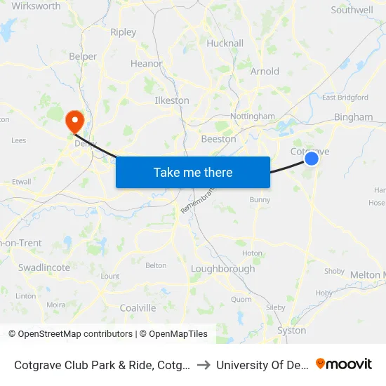 Cotgrave Club Park & Ride, Cotgrave to University Of Derby map