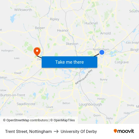 Trent Street, Nottingham to University Of Derby map