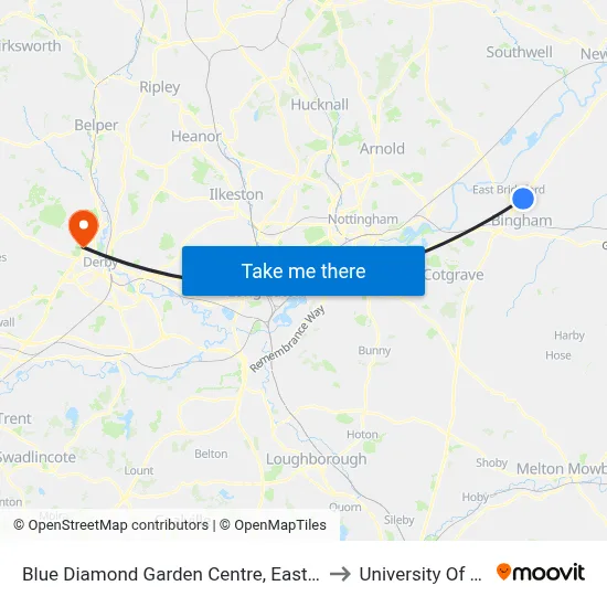 Blue Diamond Garden Centre, East Bridgford to University Of Derby map
