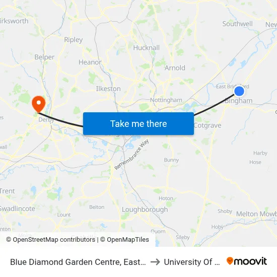 Blue Diamond Garden Centre, East Bridgford to University Of Derby map