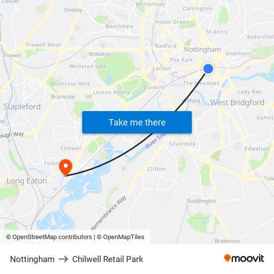 Nottingham to Chilwell Retail Park map