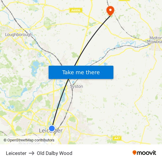 Leicester to Old Dalby Wood map