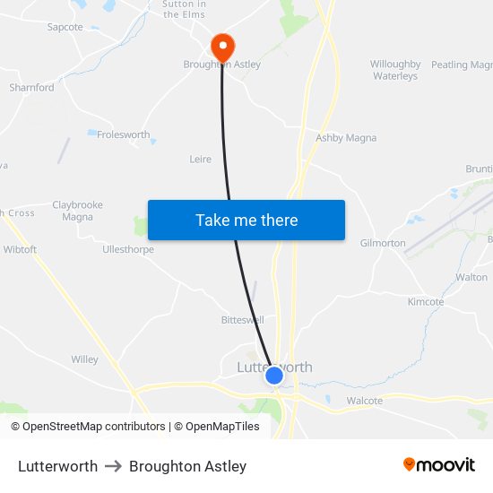 Lutterworth to Broughton Astley map