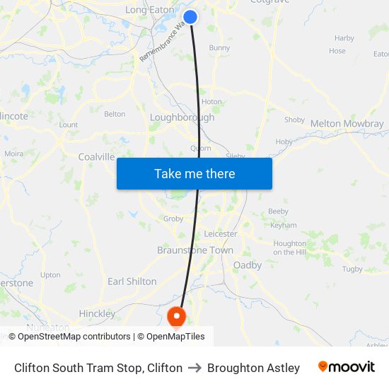 Clifton South Tram Stop, Clifton to Broughton Astley map