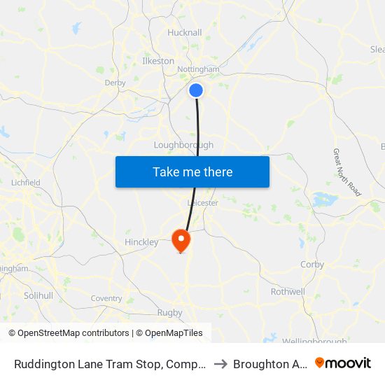 Ruddington Lane Tram Stop, Compton Acres to Broughton Astley map