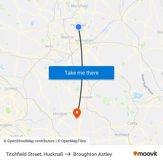 Titchfield Street, Hucknall to Broughton Astley map