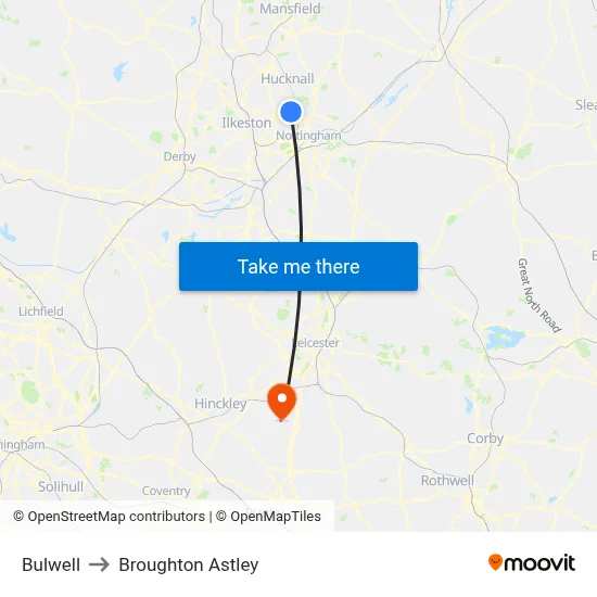 Bulwell to Broughton Astley map