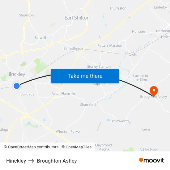 Hinckley to Broughton Astley map