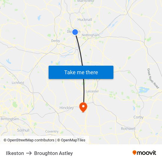 Ilkeston to Broughton Astley map