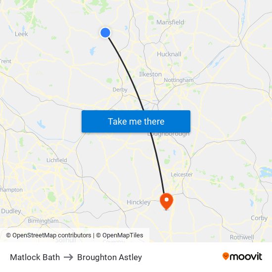 Matlock Bath to Broughton Astley map