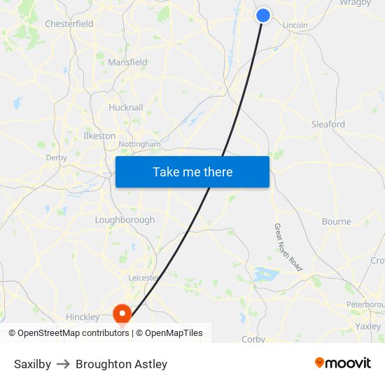 Saxilby to Broughton Astley map