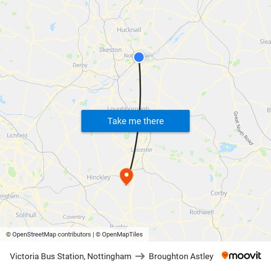 Victoria Bus Station, Nottingham to Broughton Astley map