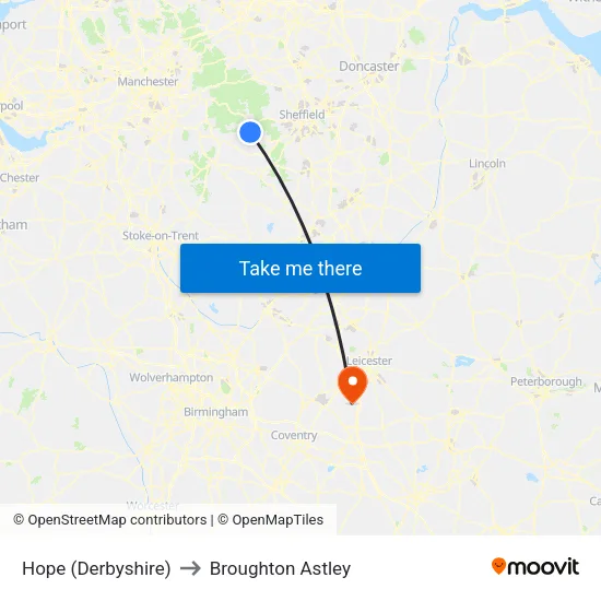 Hope (Derbyshire) to Broughton Astley map